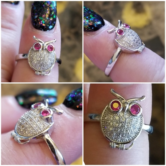 Genuine White Sapphire & Ruby Baby Owl Ring Size 6 - Picture 2 of 5